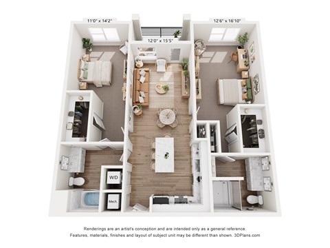 Floor plan for 2 beds, 2 baths, 1319 sqft